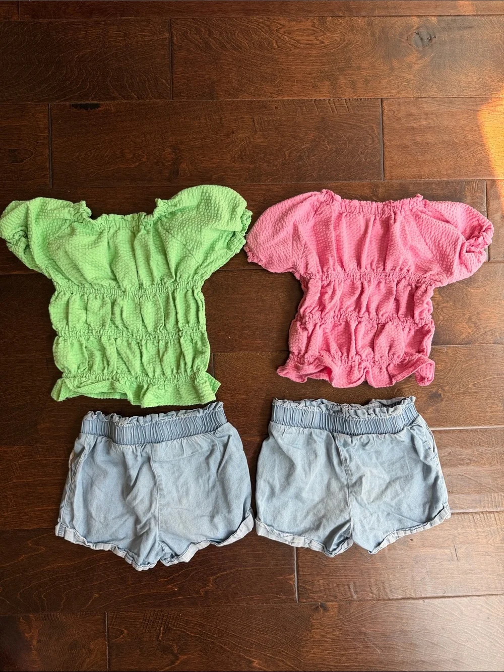 TWIN Garanimals Pink and Green Smocked Tops with Light Denim Shorts - 2 Sets